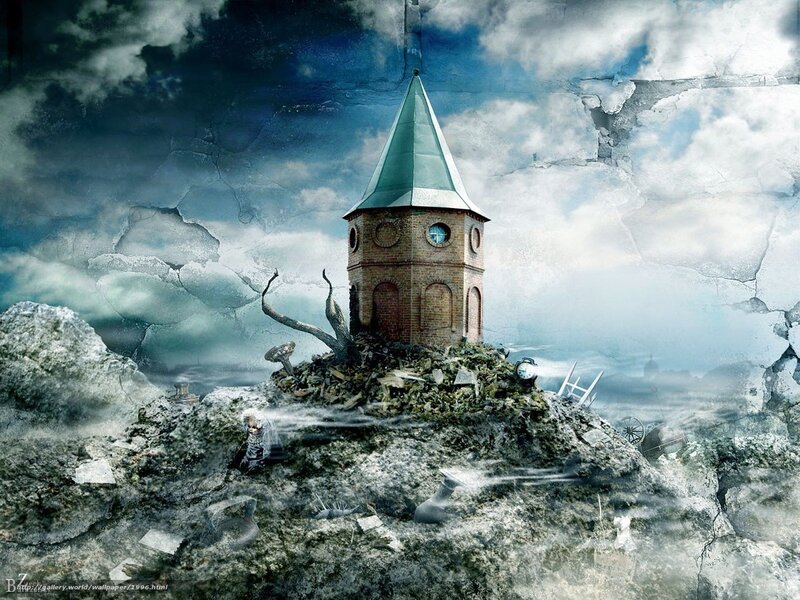 Surreal tower on a rocky island
