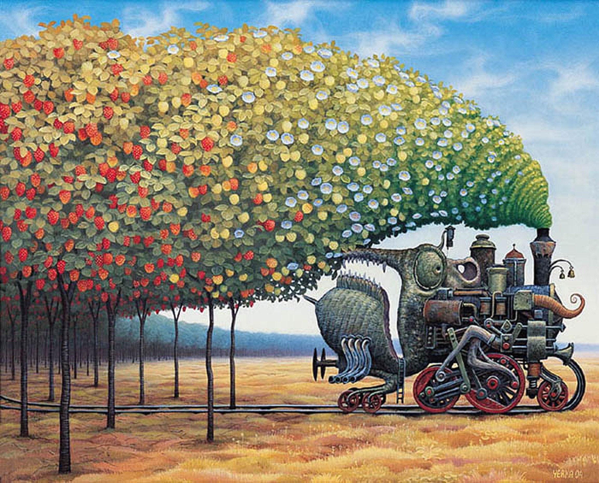 Surreal train in a fruit orchard