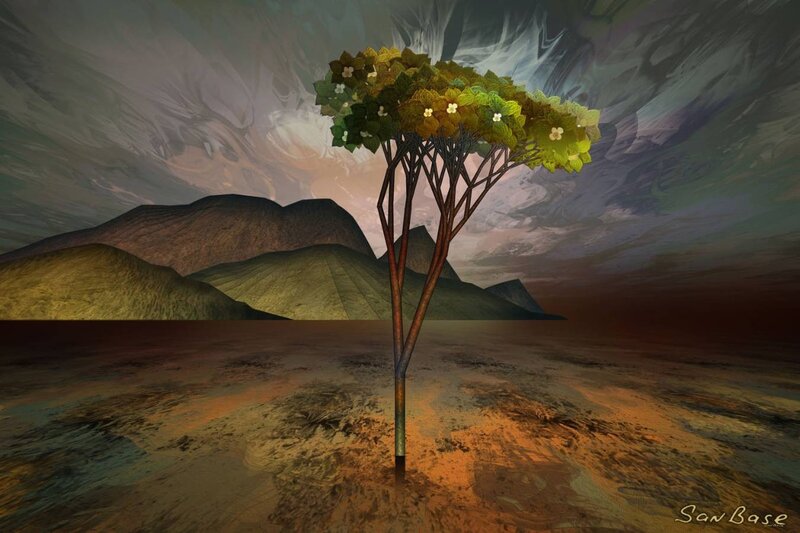 Surreal tree in alien landscape