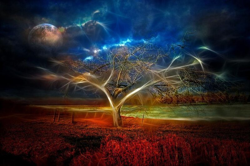 Surreal tree under alien moon