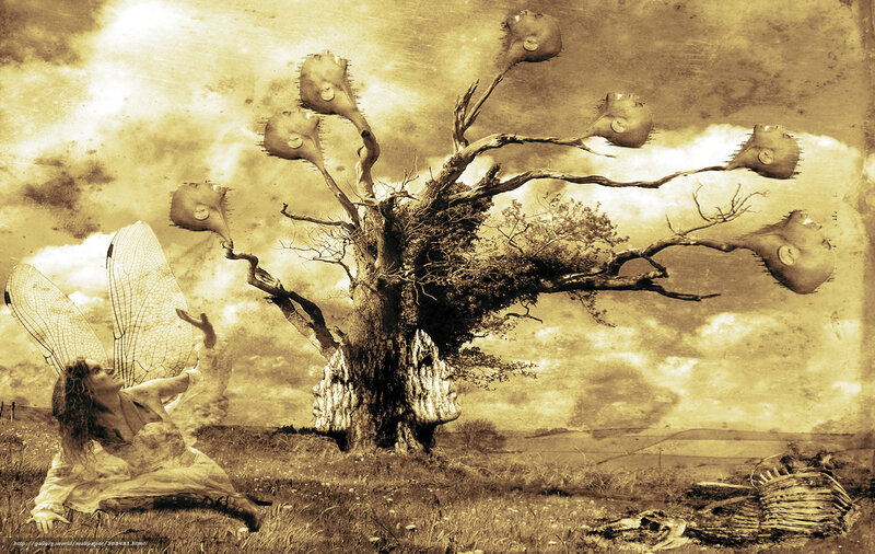 Surreal tree with floating heads