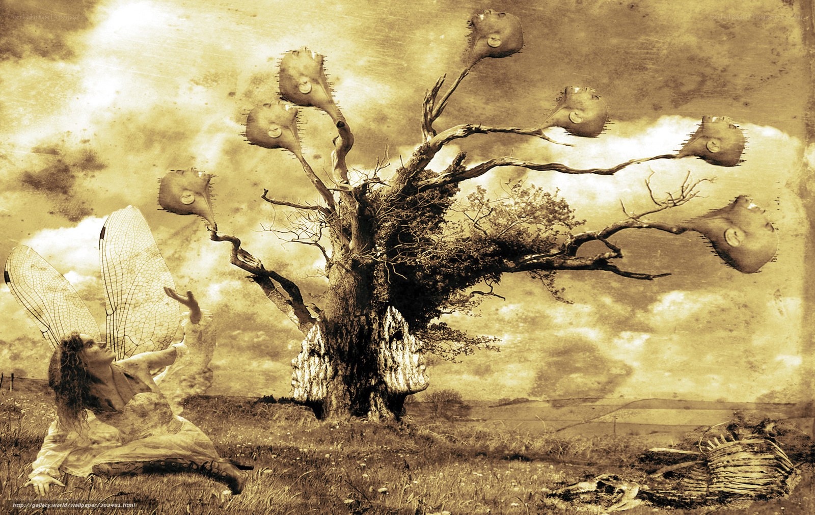 Surreal tree with floating heads