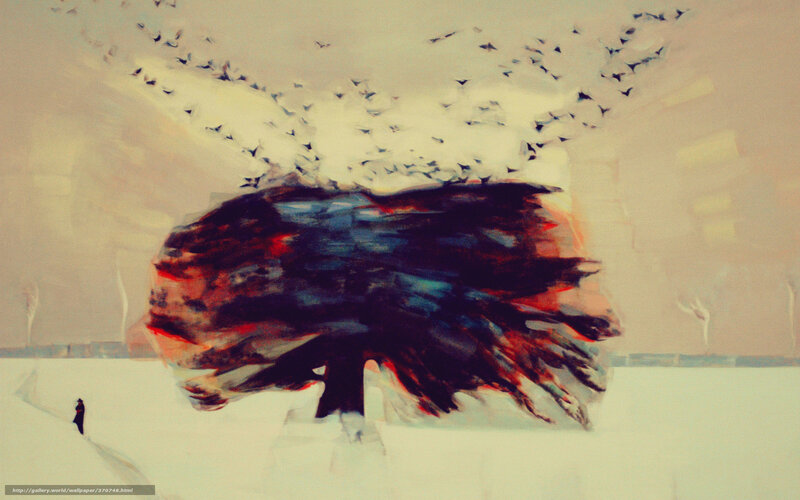 Surreal tree with flock of birds