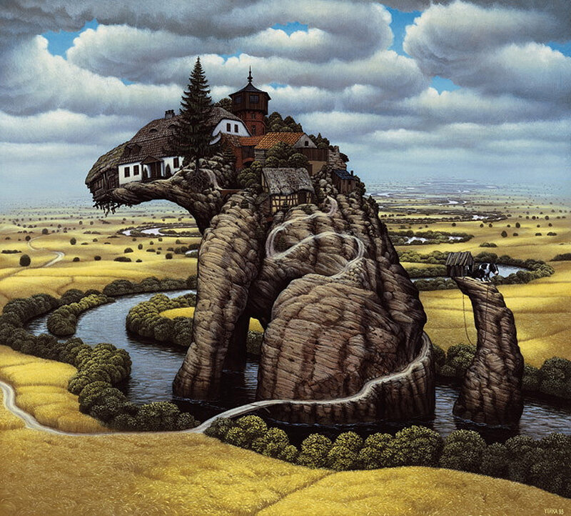 Surreal village on rock formation