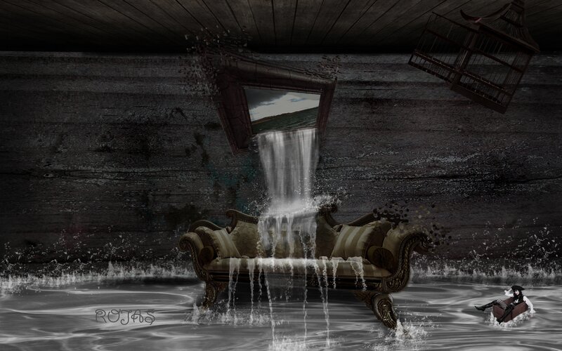 Surreal water-filled room