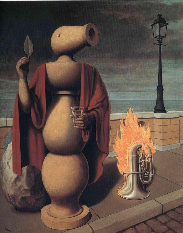 Surrealist figure with trumpet head