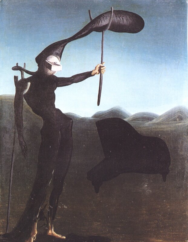 Surrealist figure with umbrella