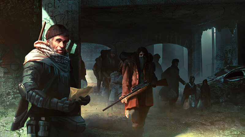 Survivors in Ruined City — Gray, Dramatic