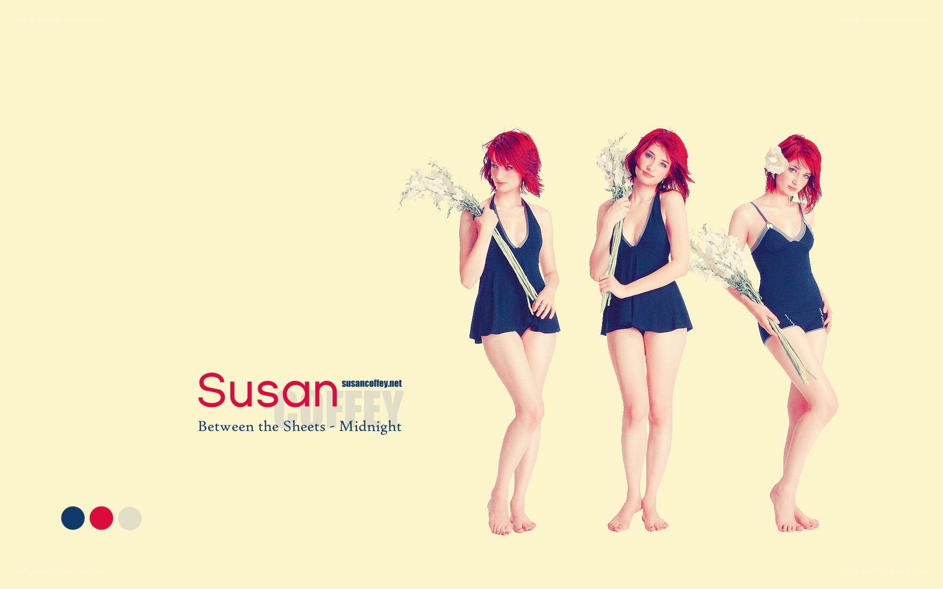 Susan in swimsuit with flowers
