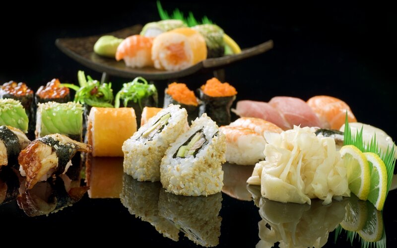 Sushi Platter — Black, Appetizing, Photograph, Wasabi