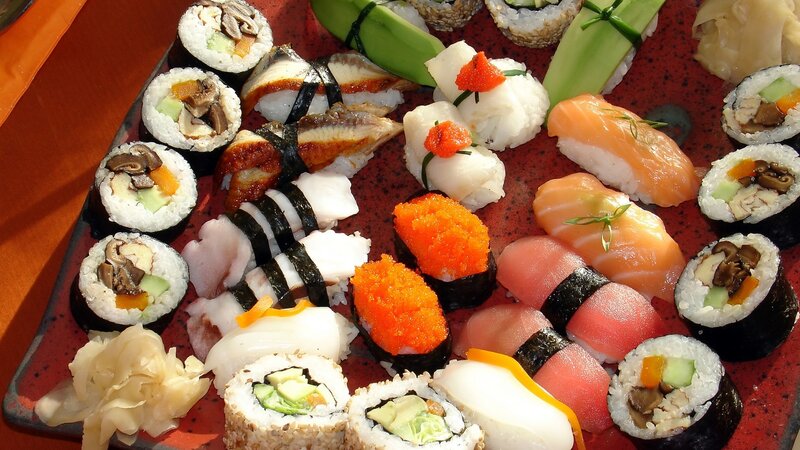 Sushi Platter on Red Plate — Appetizing, Afternoon