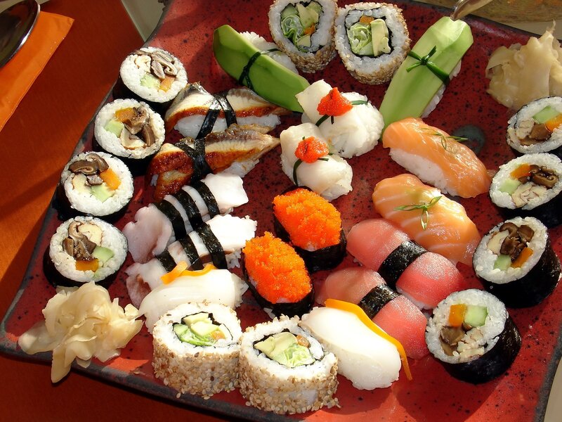 Sushi Platter on Red Plate — Appetizing