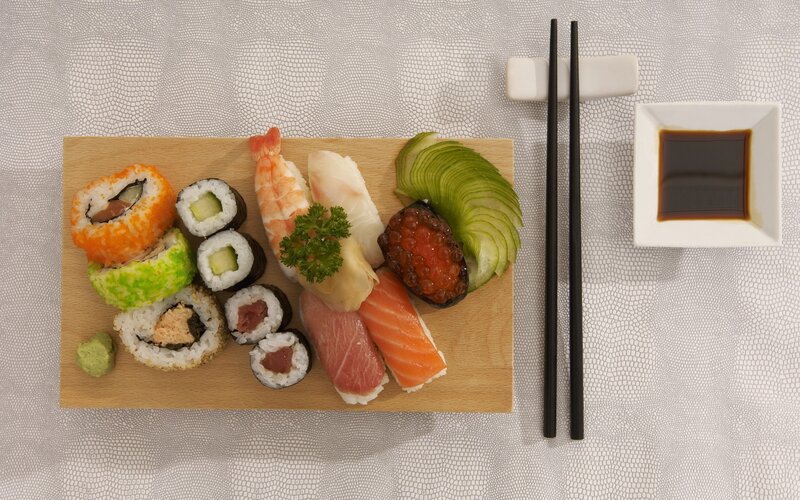 Sushi Platter on Wood — Brown, Calm, Photograph, Chopsticks