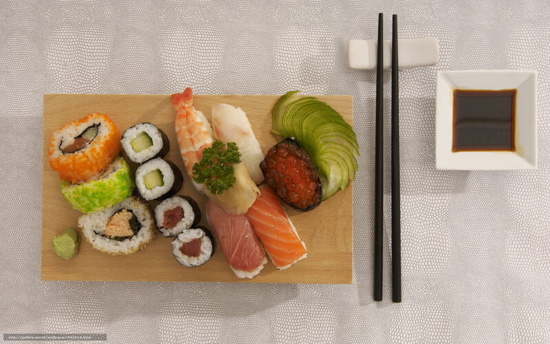 Sushi Platter on Wood — Brown, Calm