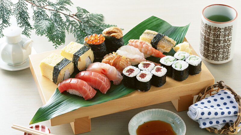 Sushi Platter on Wooden Board — Brown, Calm, Photograph