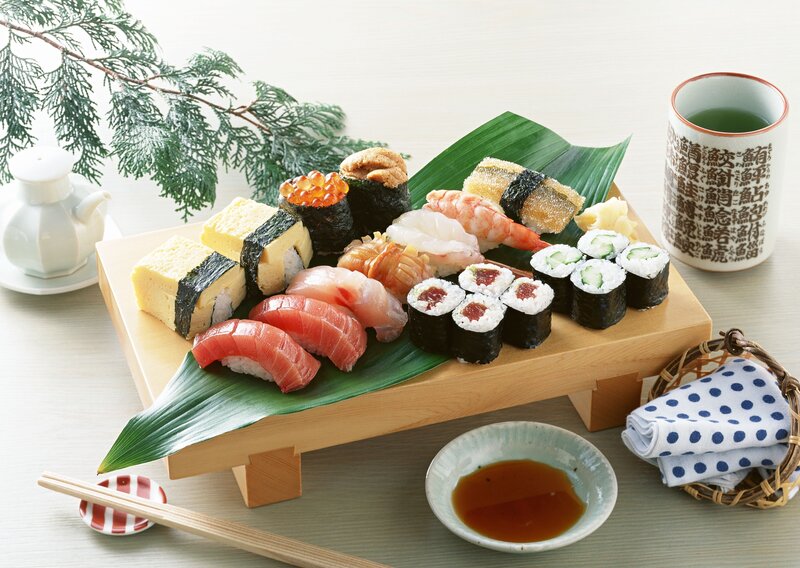 Sushi Platter on Wooden Tray — Brown, Calm