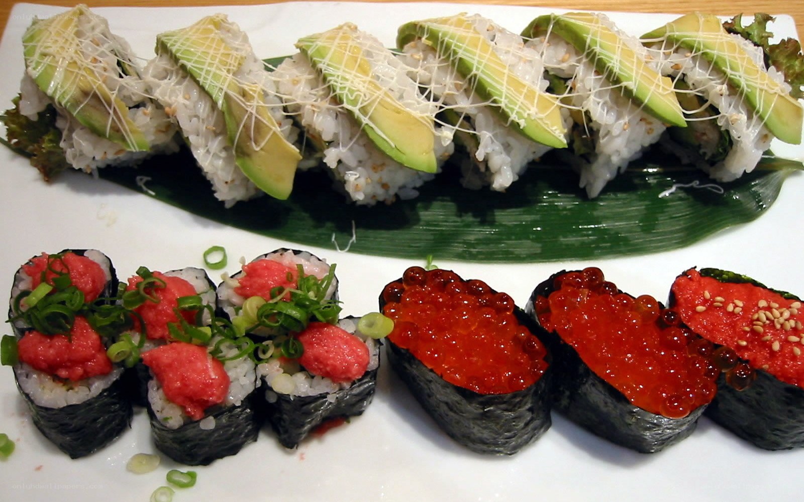 sushi platter with avocado and fish roe