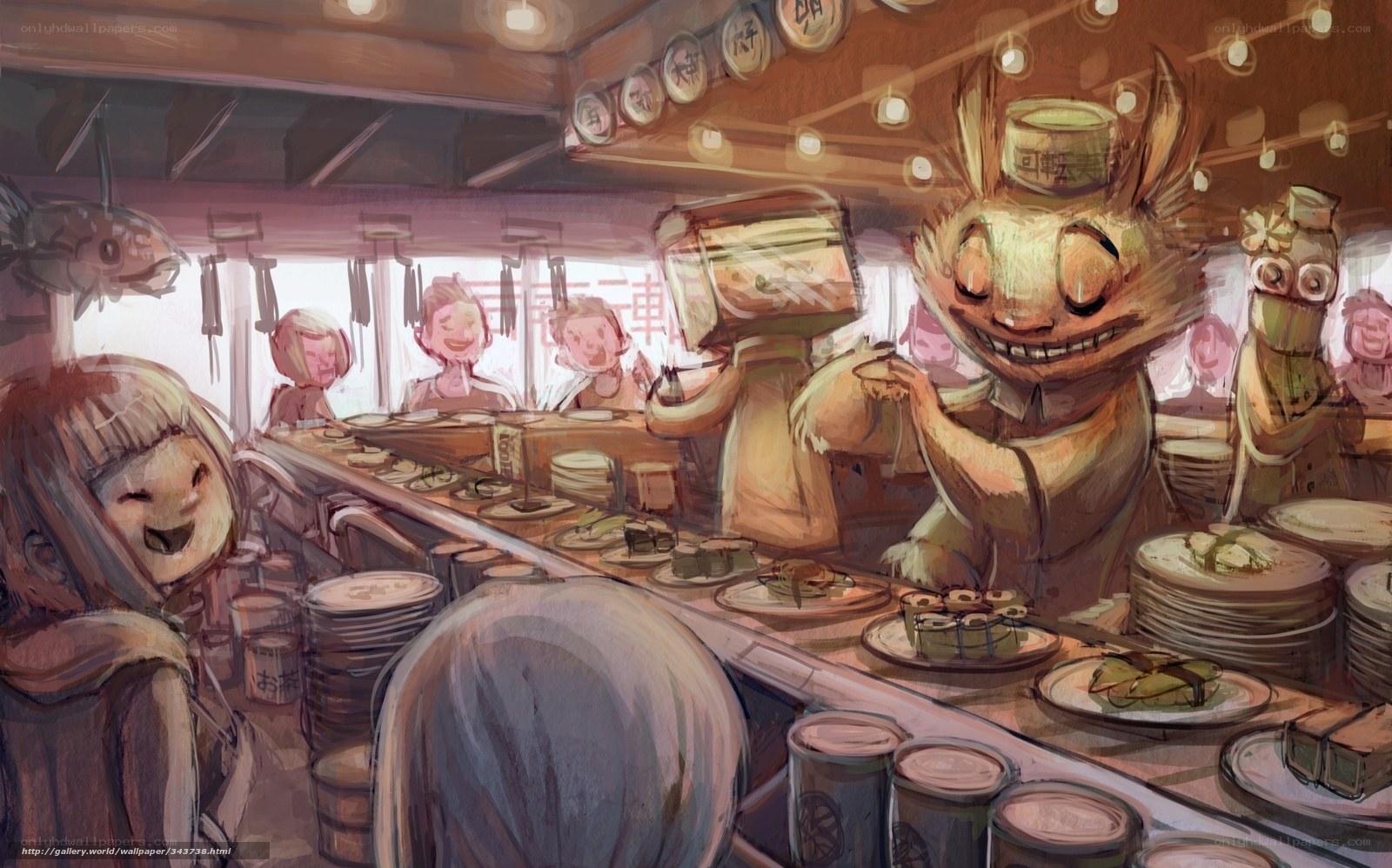 Sushi restaurant with anthropomorphic characters