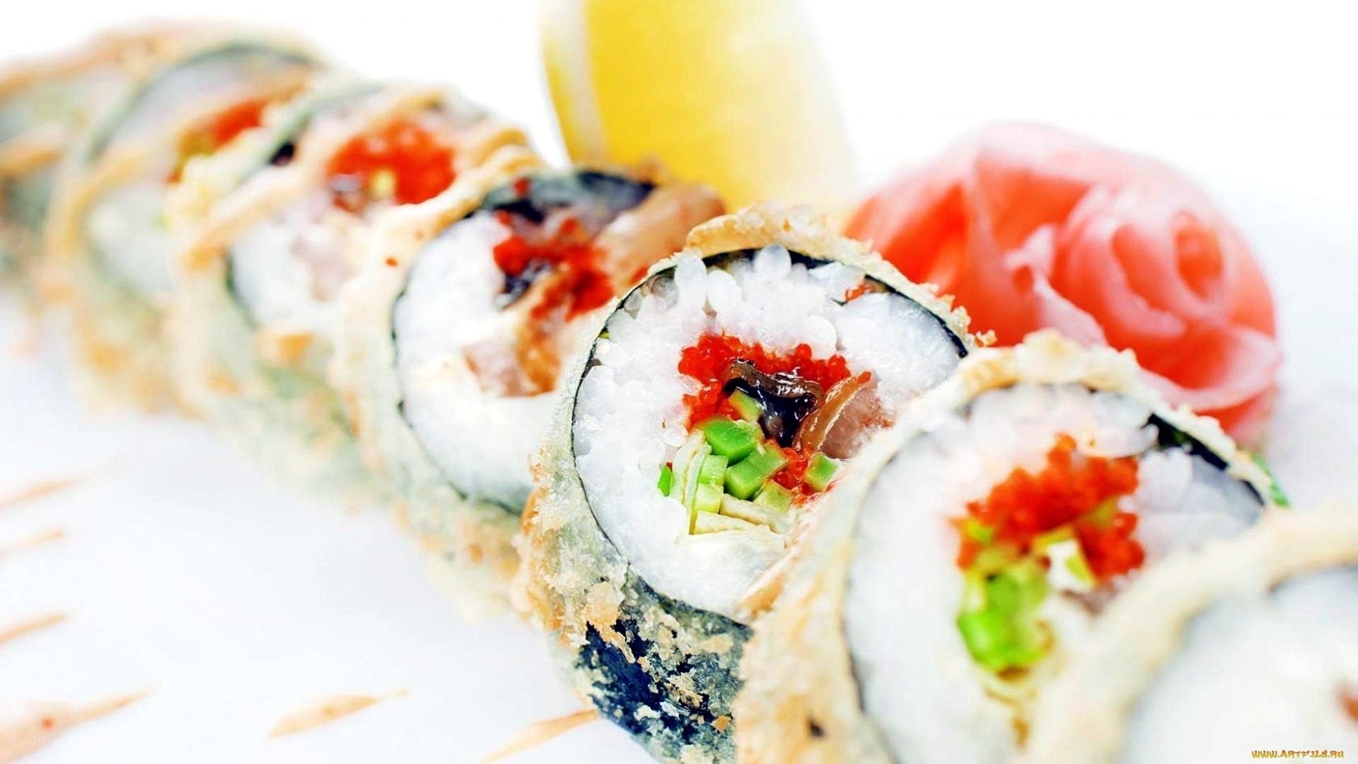 sushi roll with tempura and tobiko