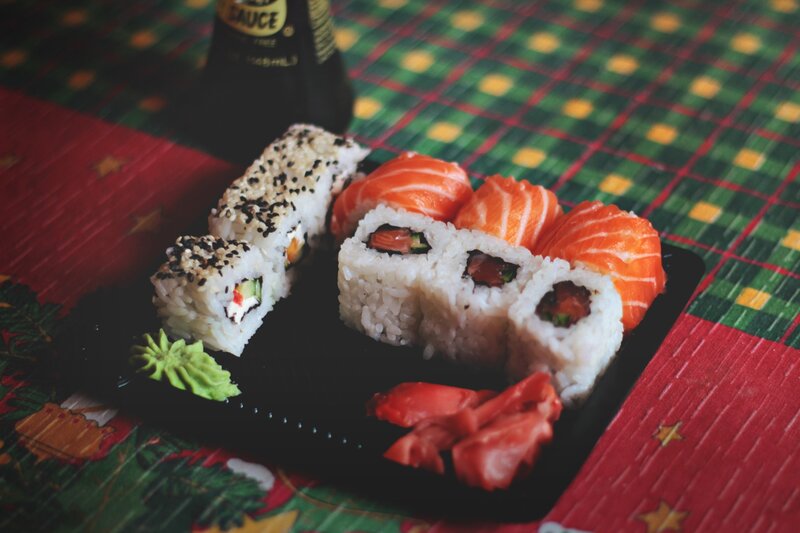 Sushi Rolls on Black Plate — Festive