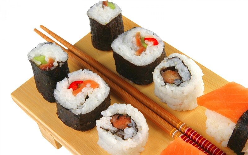 Sushi Rolls on Wooden Board — White