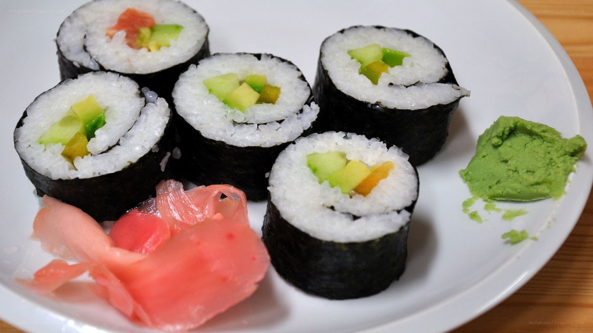 sushi rolls with ginger and wasabi
