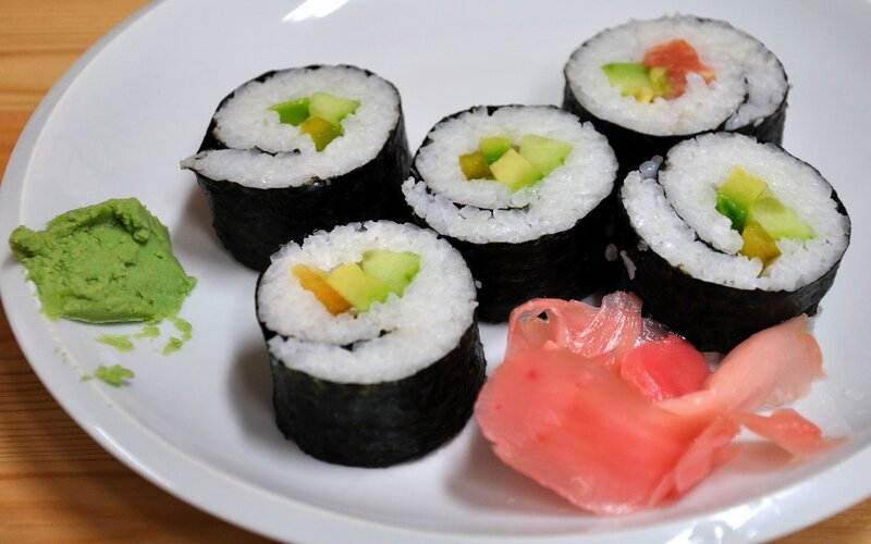 sushi rolls with wasabi and ginger