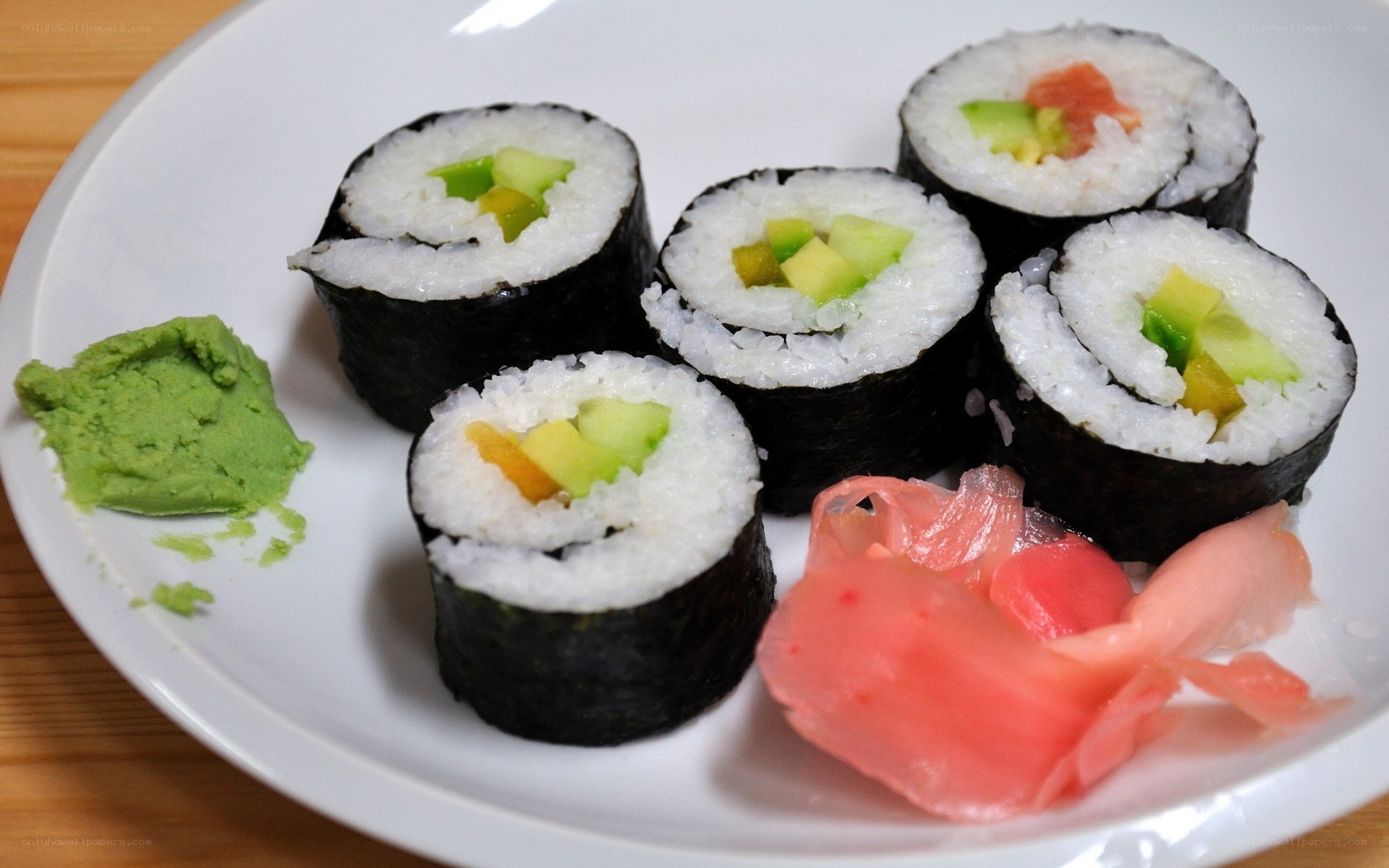 sushi rolls with wasabi and ginger