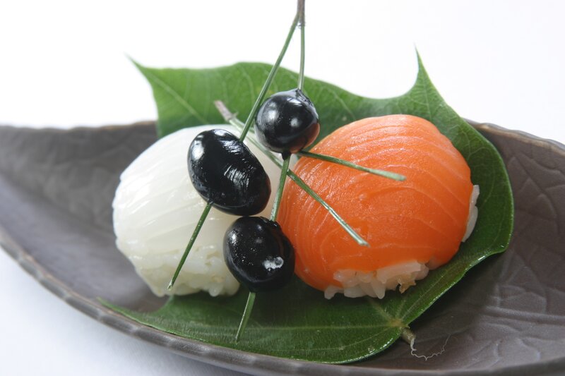 sushi with black cherries
