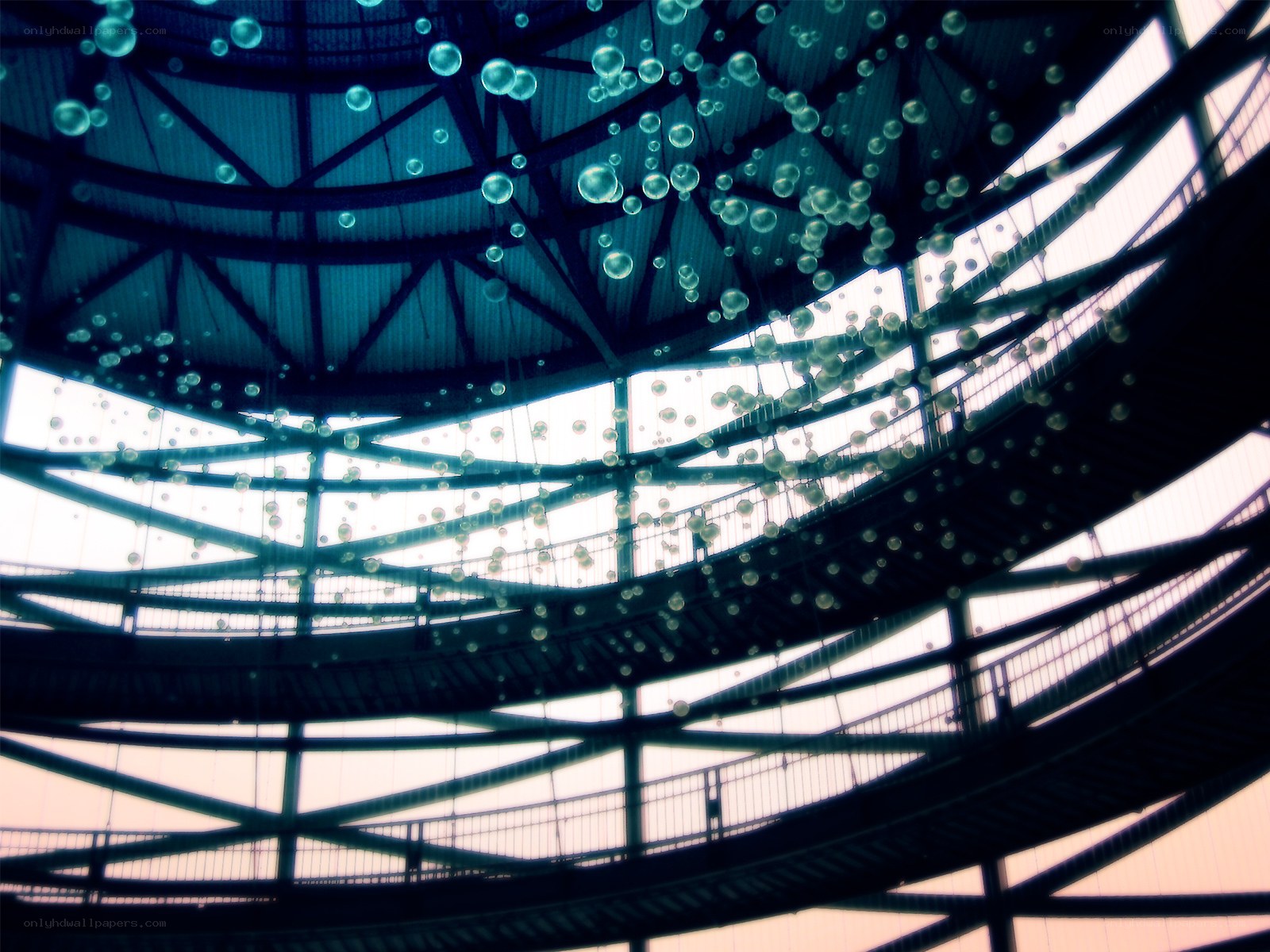 Suspended bubbles in a glass atrium