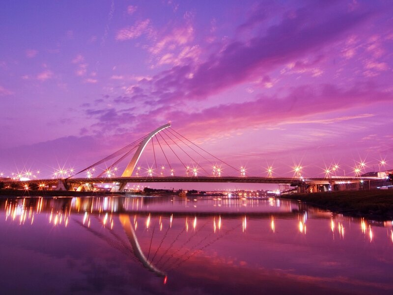 Suspended Cable-stayed Bridge — Purple, Serene, Night, Photograph, River