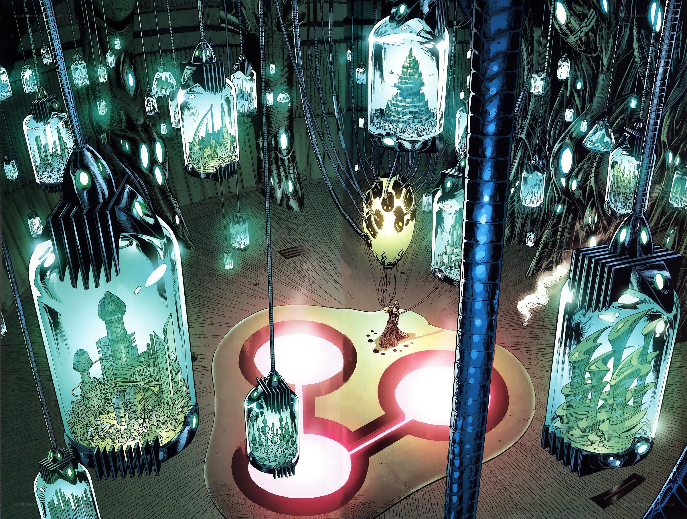 suspended city jars in a dark chamber