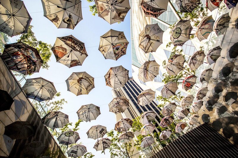 Suspended Umbrellas in Courtyard