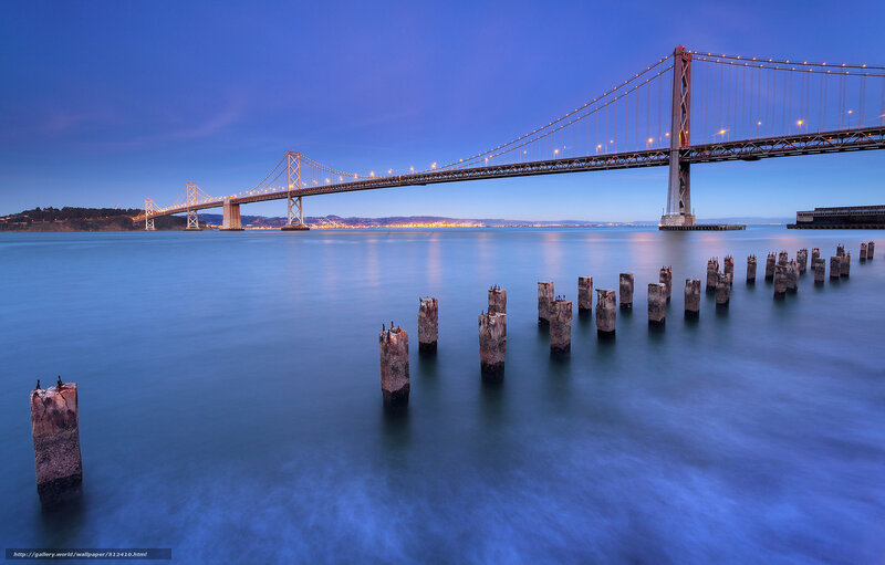 Suspension Bridge at Dusk — Blue, Serene, Night, Photograph, Pilings