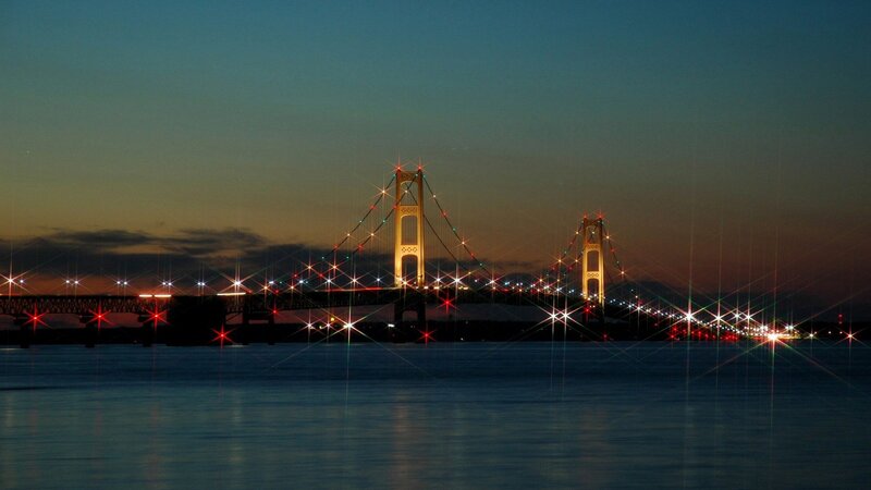 Suspension Bridge at Dusk — Blue, Serene, Night, Photograph, Water, Sky