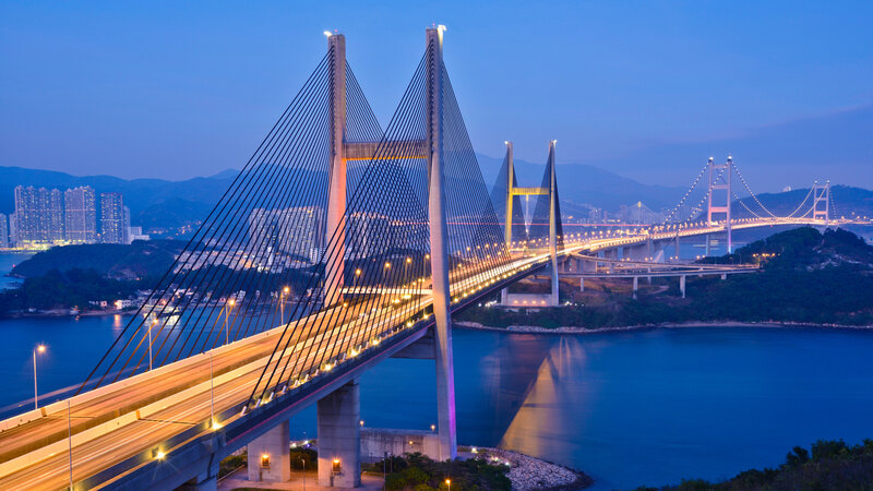 Suspension Bridge at Dusk — Blue, Serene, Night