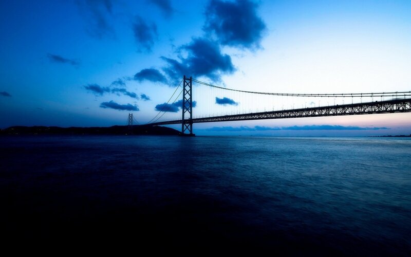 Suspension Bridge at Dusk — Blue, Serene, Photograph, Sky, Water