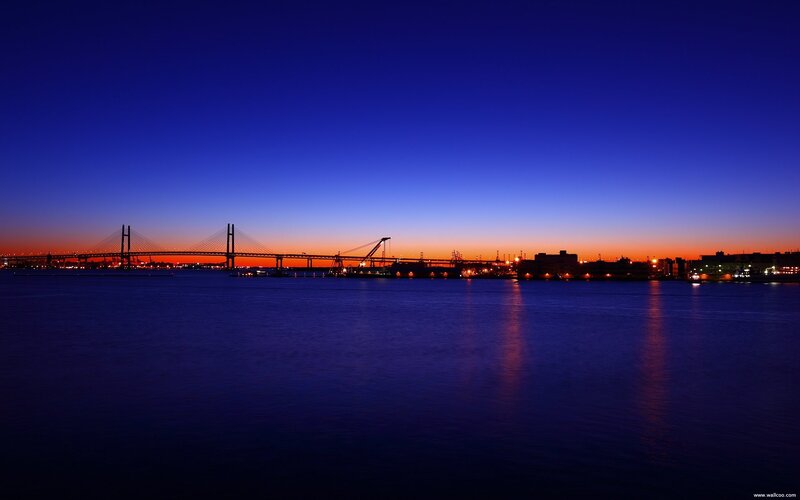 Suspension Bridge at Dusk — Blue, Serene, Sunset, Photograph, Cityscape
