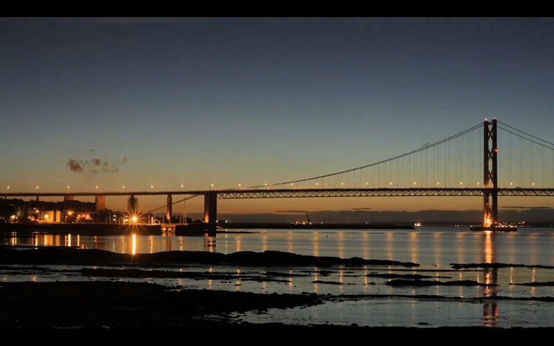 Suspension Bridge at Dusk — Blue, Serene, Sunset, Photograph, Water