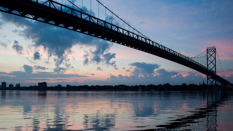 Suspension Bridge at Dusk — Blue, Serene, Sunset