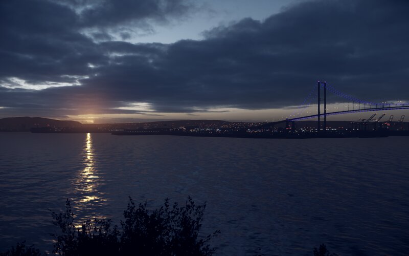 Suspension Bridge at Dusk — Dark Blue