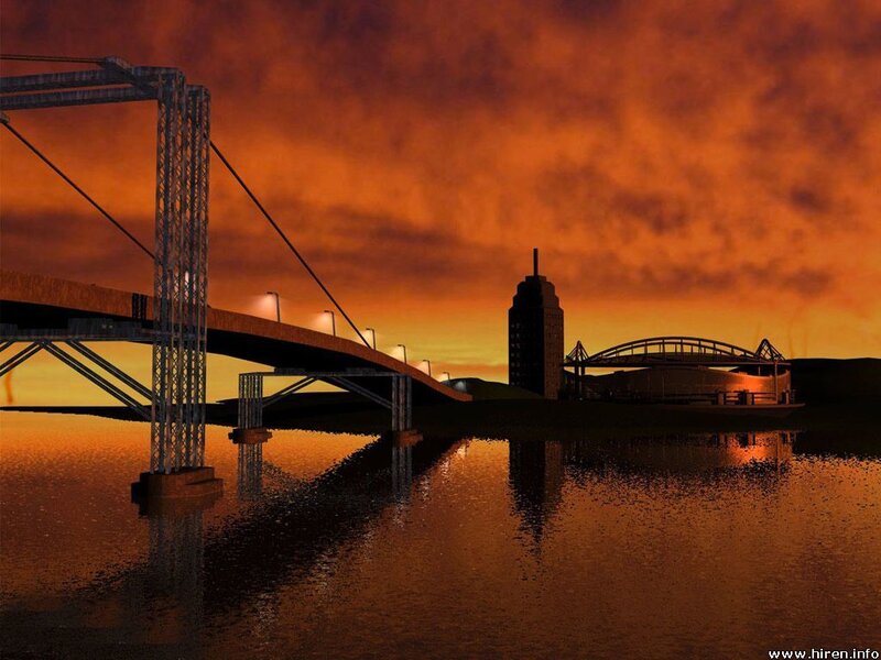 Suspension Bridge at Dusk — Orange, Dramatic, Sunset, 3d Render