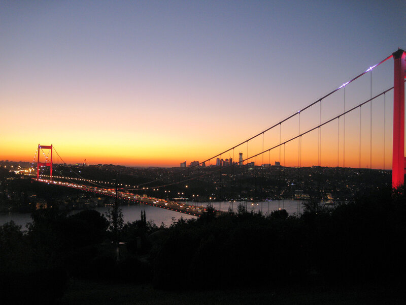 Suspension Bridge at Dusk — Orange, Dramatic