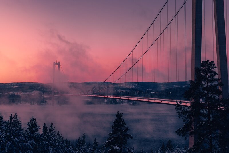 Suspension Bridge at Dusk — Pink