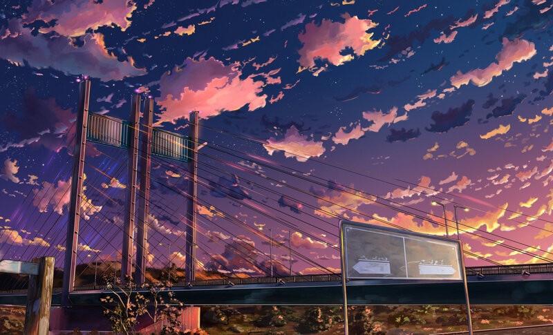 Suspension Bridge at Dusk — Purple, Dramatic, Sunset, Digital Art