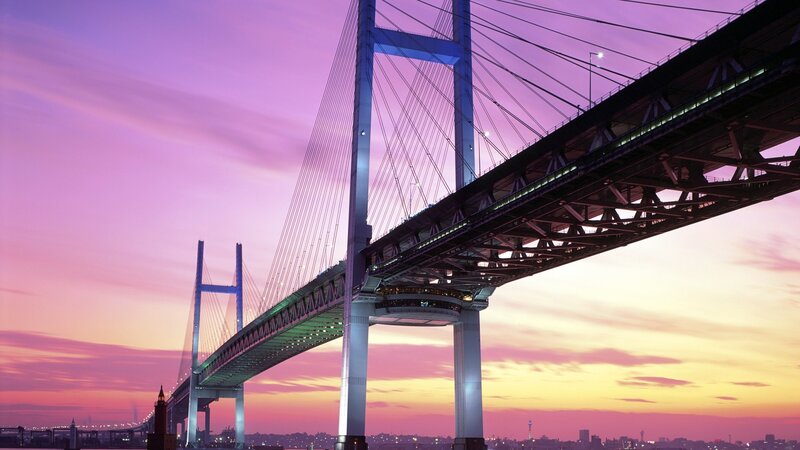 Suspension Bridge at Dusk — Purple, Dramatic, Sunset, Photograph, Sky, Cityscape, Cables