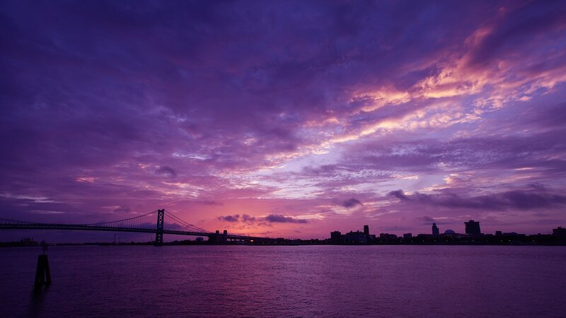 Suspension Bridge at Dusk — Purple, Dramatic, Sunset, Photograph, Sky, Cityscape, River