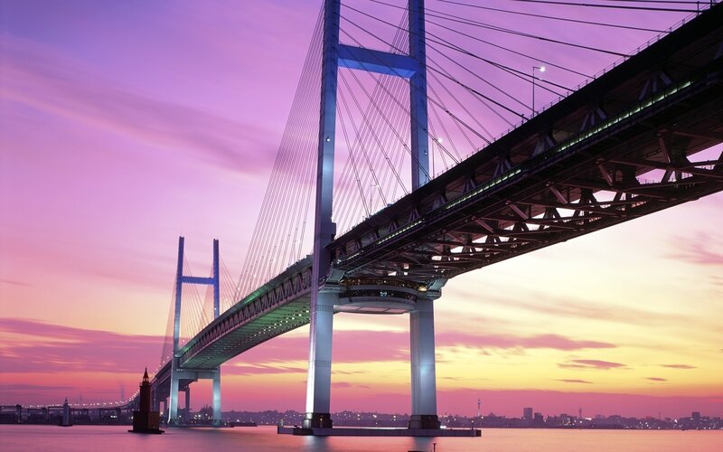 Suspension Bridge at Dusk — Purple, Dramatic, Sunset, Photograph, Sky