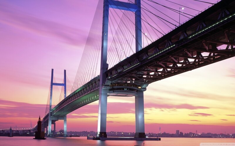 Suspension Bridge at Dusk — Purple, Dramatic, Sunset, Photograph