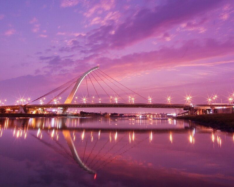 Suspension Bridge at Dusk — Purple, Serene, Sunset, Photograph, River